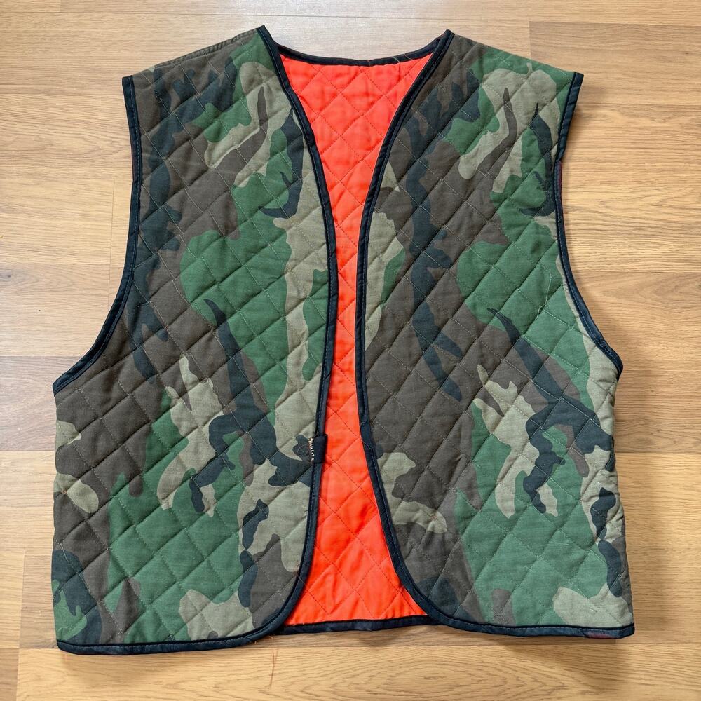 Men's Vintage 80's Quilted Reversible Camouflage Orange Hunting Vest Sz Large